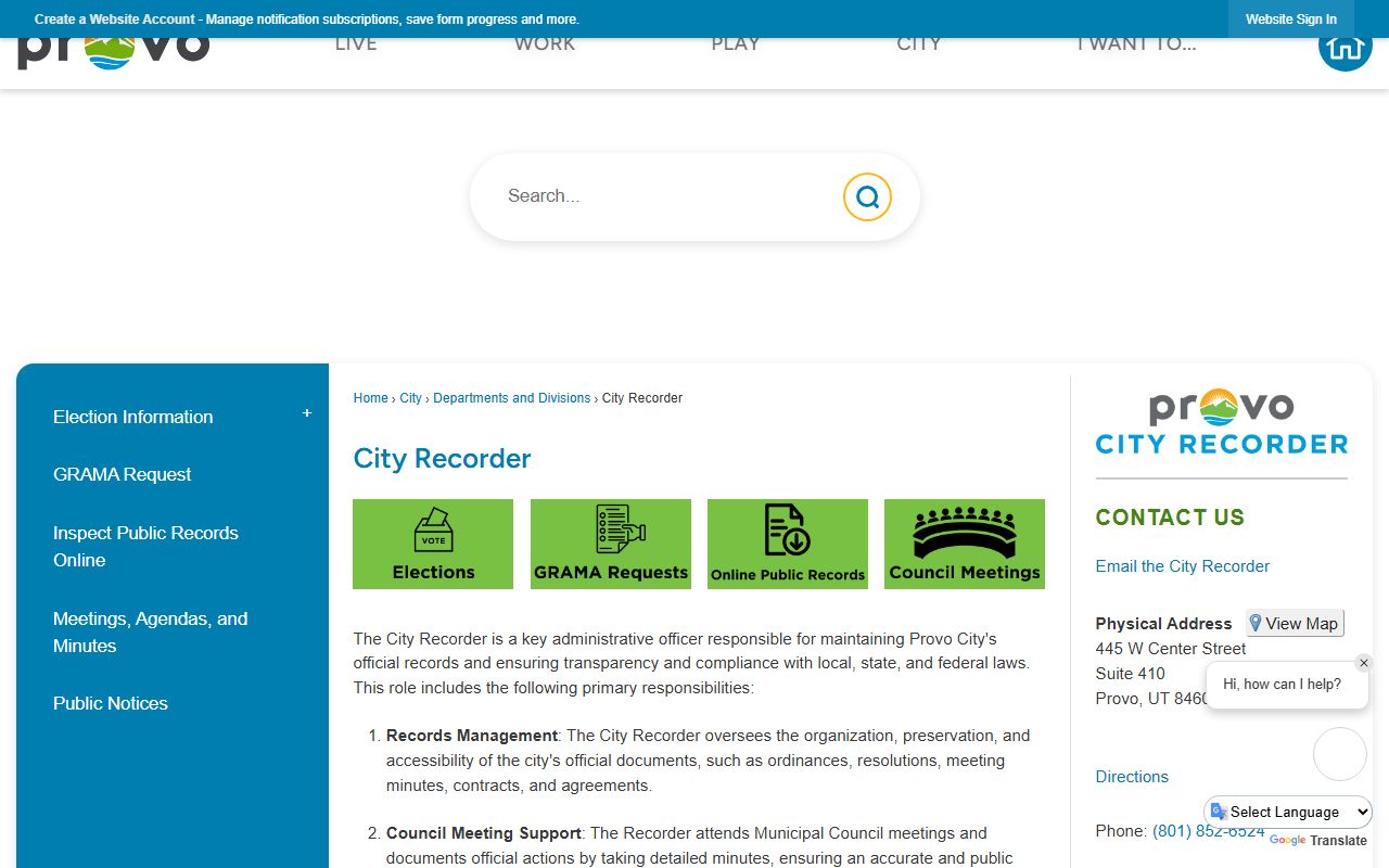 Provo City Recorder white pages records office