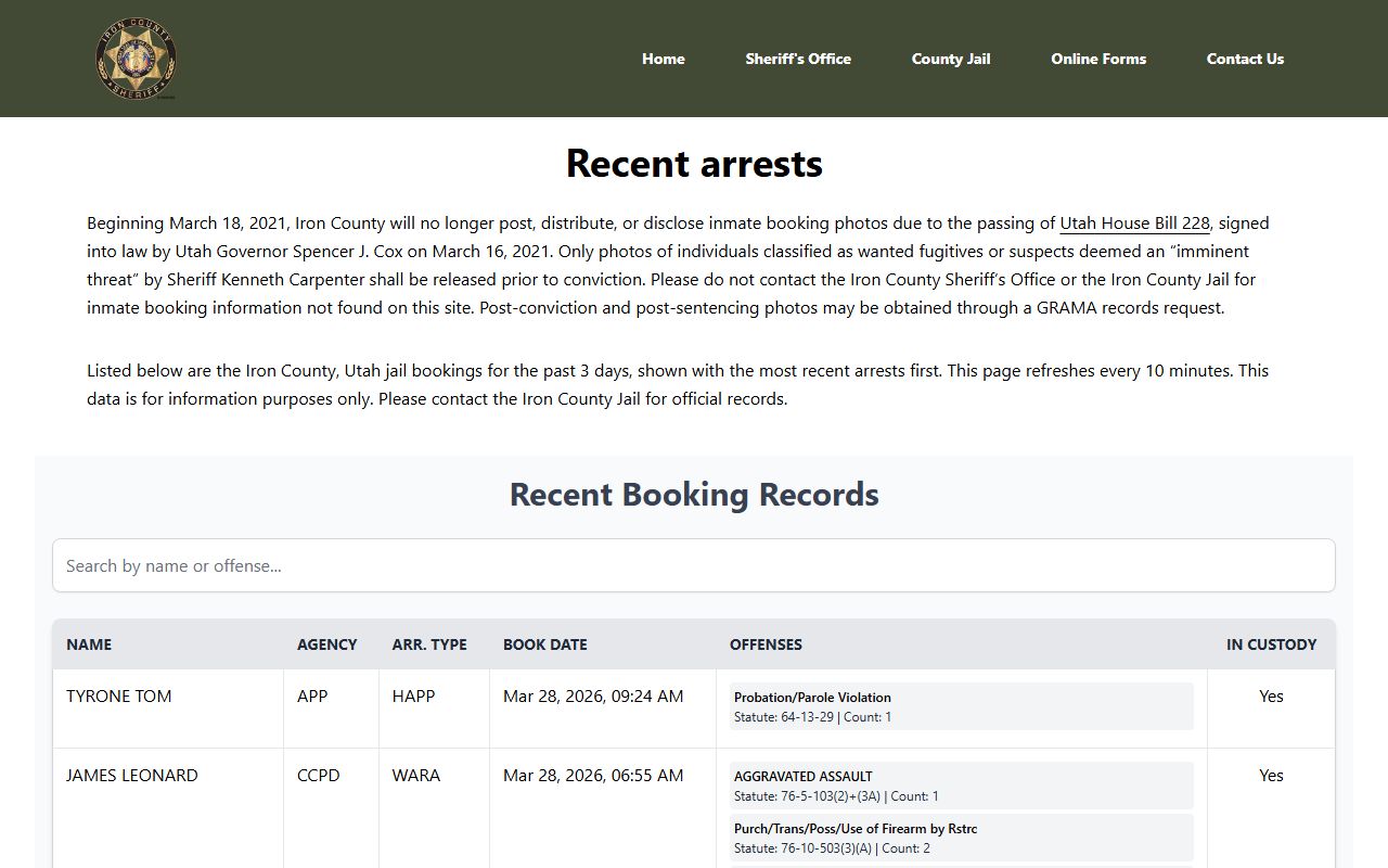 Iron County jail bookings Cedar City white pages law enforcement records